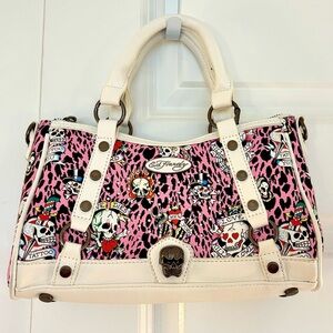 Ed Hardy Pink Cheetah Print Tattoo Graffiti Satchel Handbag